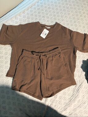 Zenana Outfitters Brown Waffle Knit Short Set